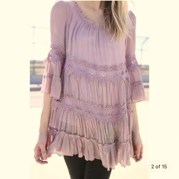 Jodifl Boho Lace Trim Muted Mauve Tunic / Mini Dress New - Picture 1 of 9